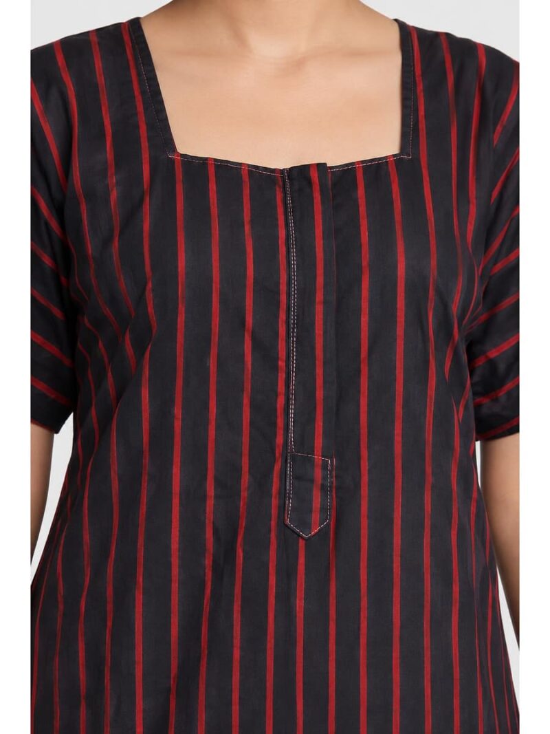 Women's Cotton Striped Nighty With Zip -Black