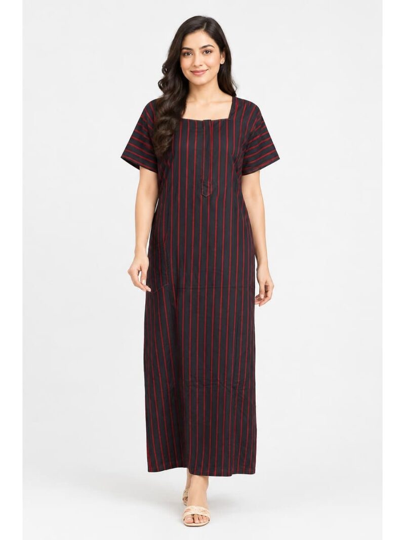 W-NY-534-02-BK-XXL_front Women's Cotton Striped Nighty With Zip -Black