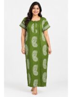 W-NY-537-02-OG-3XL_front Women's Cotton Plus Size Nighty With Zip - Olive Green