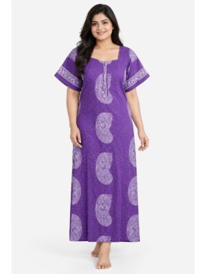Women's Cotton Plus Size Nighty With Zip - Violet