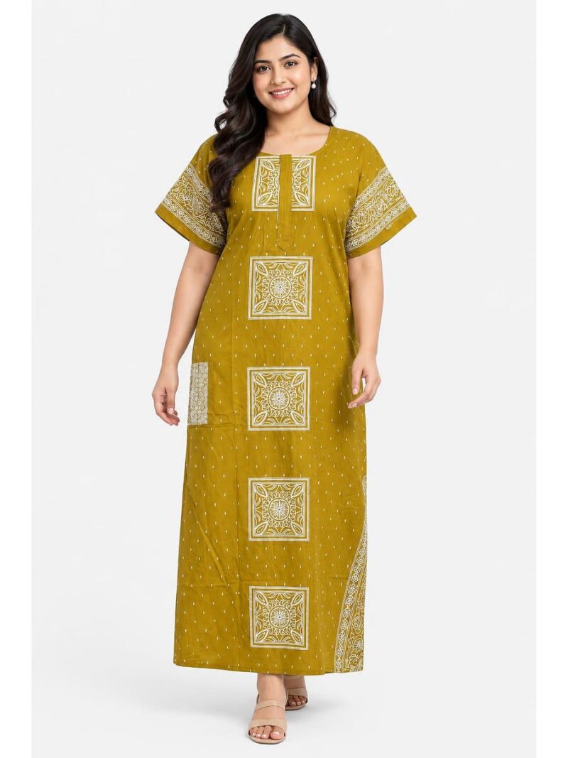 W-NY-537-09-MY-3XL_front Women's Cotton Plus Size Nighty With Zip - Mustard Yellow