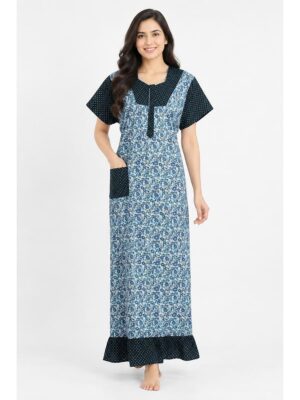 Women's Cotton Full-Length Frock Nighty - Blue