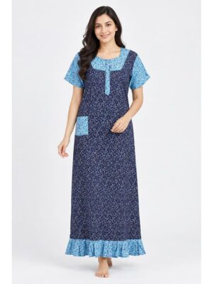 Women's Cotton Full-Length Frock Nighty - Navy Blue