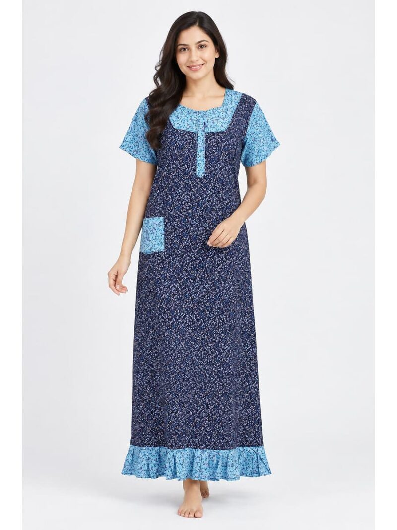 Women's Cotton Full-Length Frock Nighty - Navy Blue