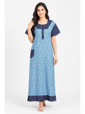 Women's Cotton Full-Length Frock Nighty - Sky Blue