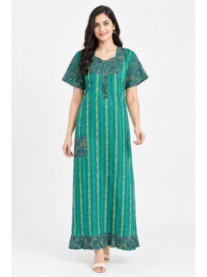 Women's Cotton Full-Length Frock Nighty - Turquoise