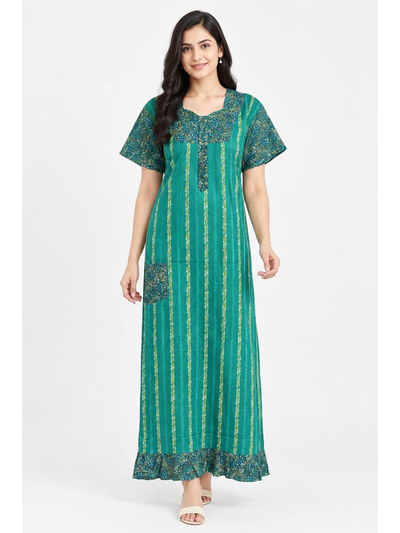 Women's Cotton Full-Length Frock Nighty - Turquoise