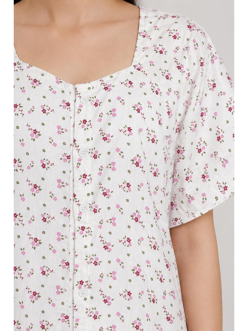Women’s Front Full Open Cotton Nighty -White & Pink