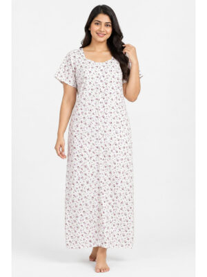 Women’s Front Full Open Cotton Nighty -White & Pink