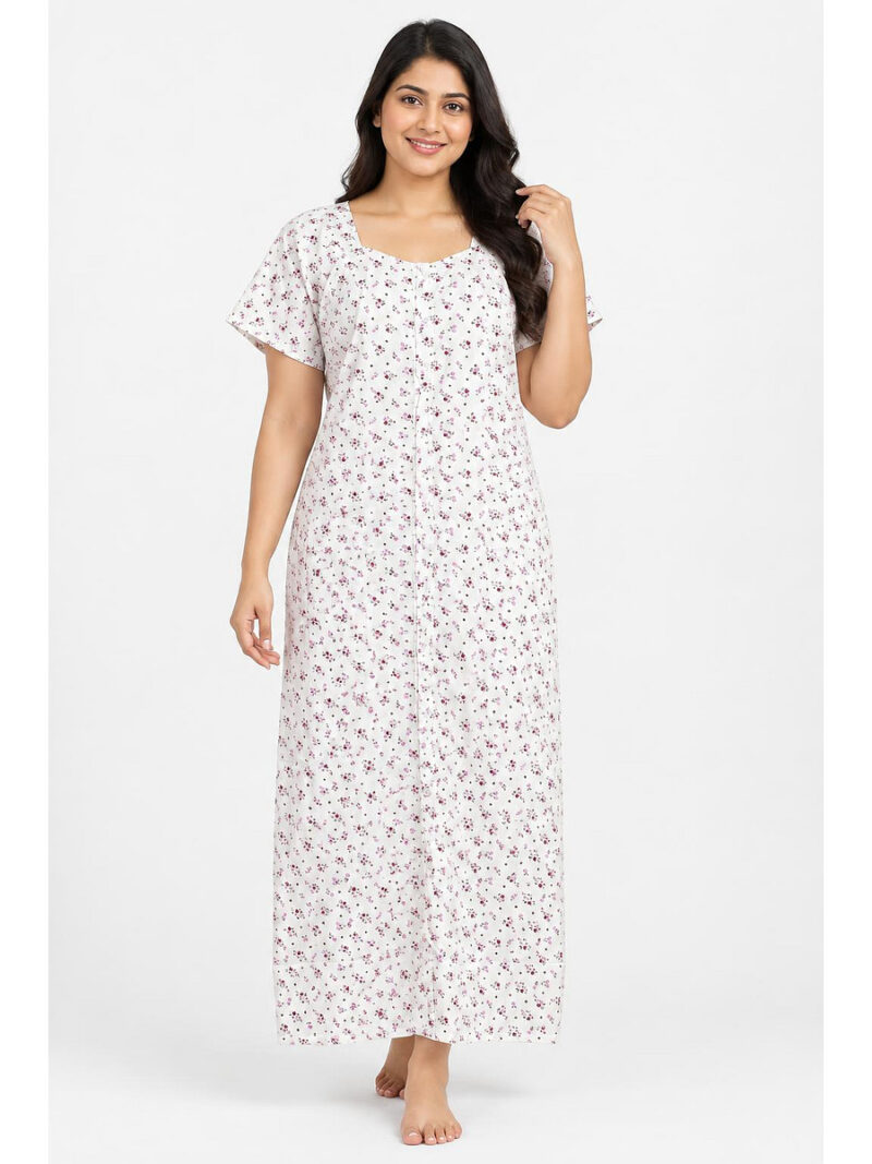 W-NY-539-01-WH-PK-3XL_front Women’s Front Full Open Cotton Nighty -White & Pink