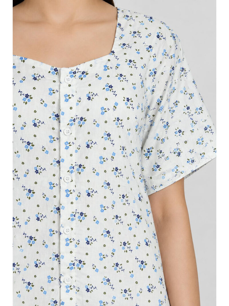 Women’s Front Full Open Cotton Nighty -White & Blue