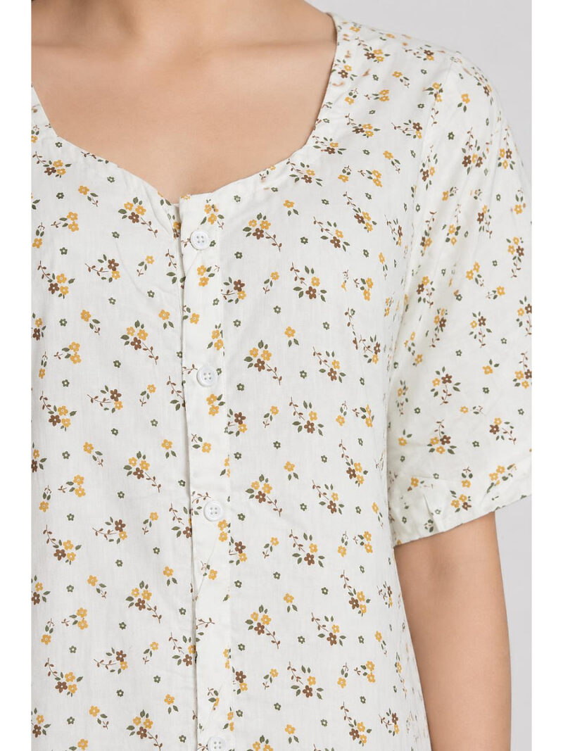 Women’s Front Full Open Cotton Nighty -White & Orange