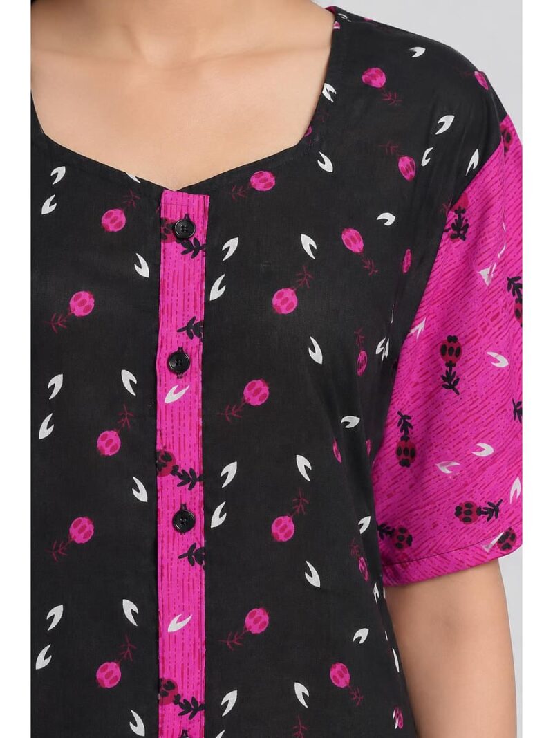 Women’s Cotton Front Open Plus Size Nighty – Black & Pink