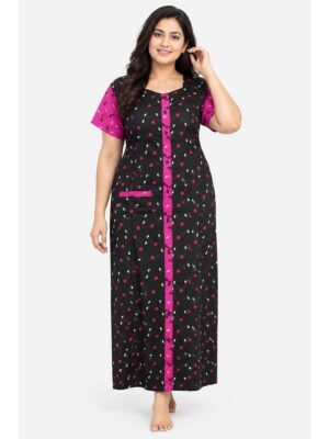 Women’s Cotton Front Open Plus Size Nighty – Black & Pink