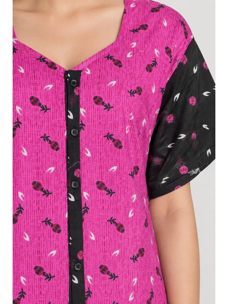Women’s Cotton Front Open Plus Size Nighty – Pink & Black