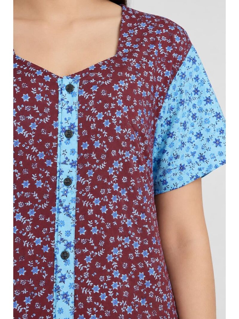 Women’s Cotton Front Open Plus Size Nighty – Maroon & Sky Blue