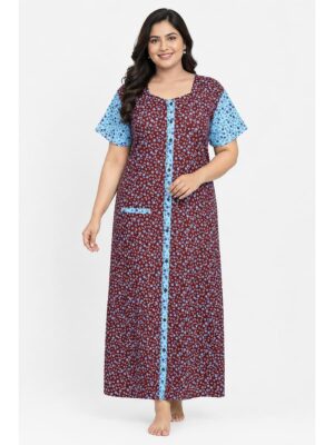 Women’s Cotton Front Open Plus Size Nighty – Maroon & Sky Blue