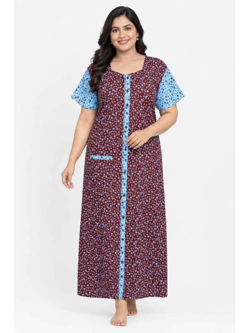 Women’s Cotton Front Open Plus Size Nighty – Maroon & Sky Blue
