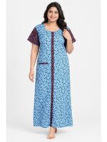 Women’s Cotton Front Open Plus Size Nighty – Sky Blue & Maroon