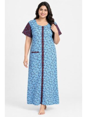 Women’s Cotton Front Open Plus Size Nighty – Sky Blue & Maroon