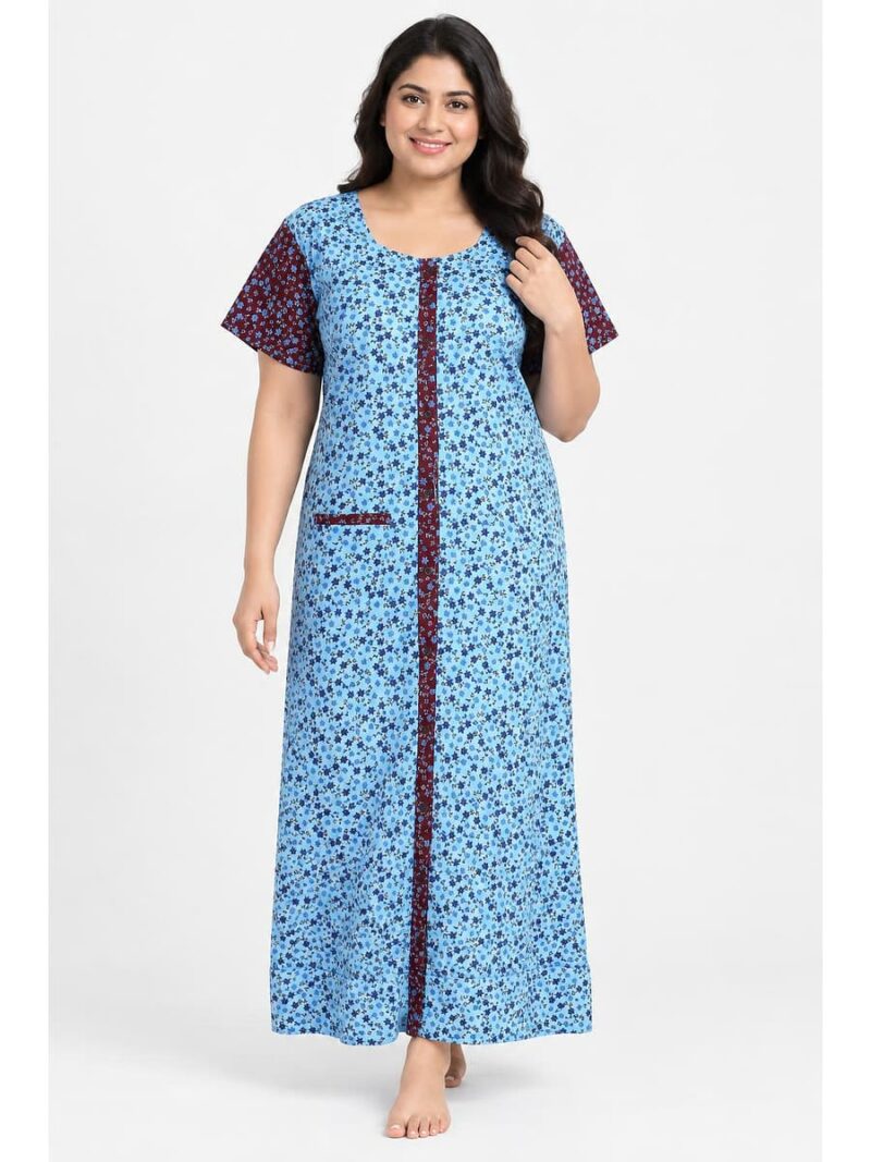 Women’s Cotton Front Open Plus Size Nighty – Sky Blue & Maroon