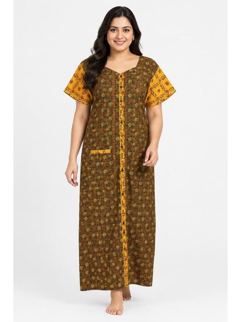 W-NY-540-06-BR-3XL_front Women’s Cotton Front Open Plus Size Nighty – Brown & Cream