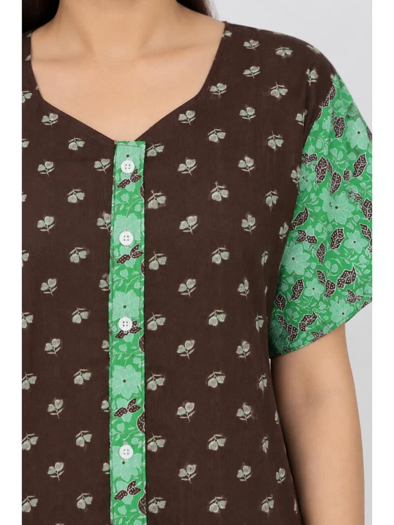 Women’s Cotton Front Open Plus Size Nighty – Coffee & Mint Green