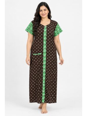 Women’s Cotton Front Open Plus Size Nighty – Coffee & Mint Green