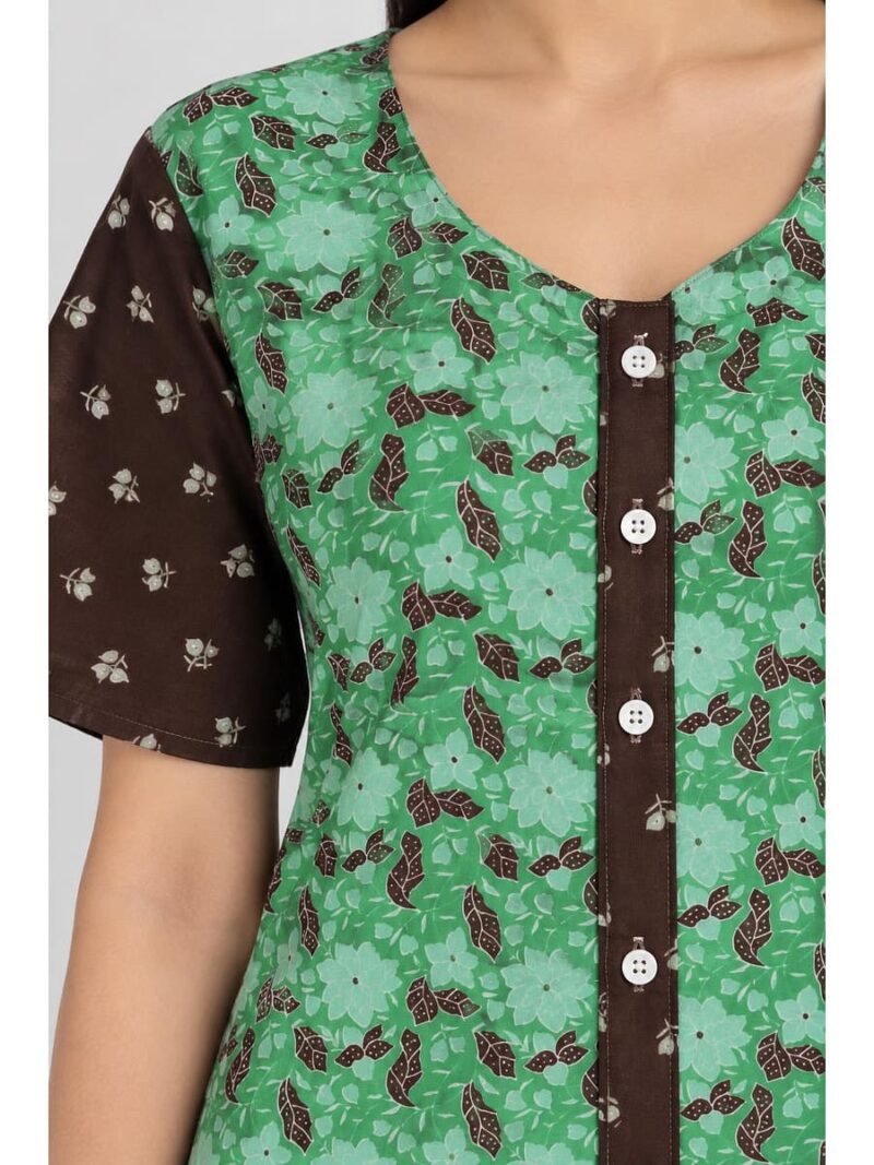 Women’s Cotton Front Open Plus Size Nighty – Mint Green & Coffee