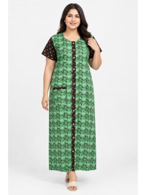 Women’s Cotton Front Open Plus Size Nighty – Mint Green & Coffee