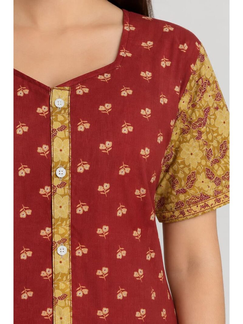 Women’s Cotton Front Open Plus Size Nighty – Maroon & Yellow