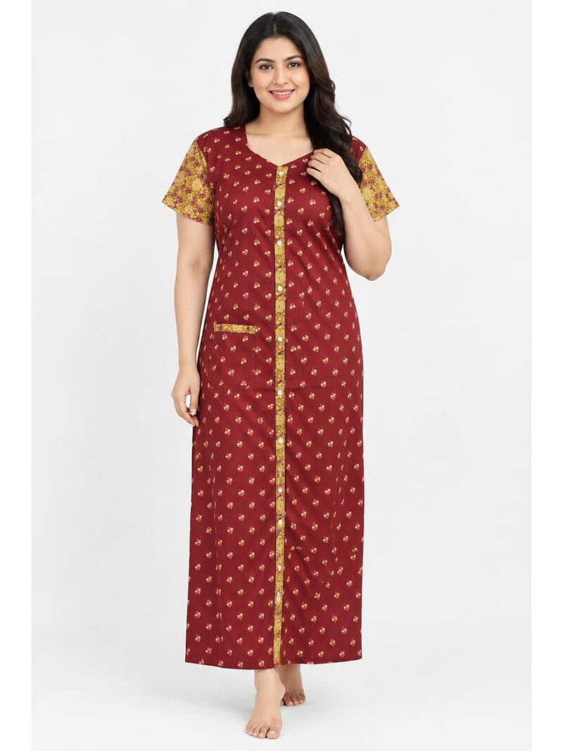 W-NY-540-09-MR-3XL_front Women’s Cotton Front Open Plus Size Nighty – Maroon & Yellow