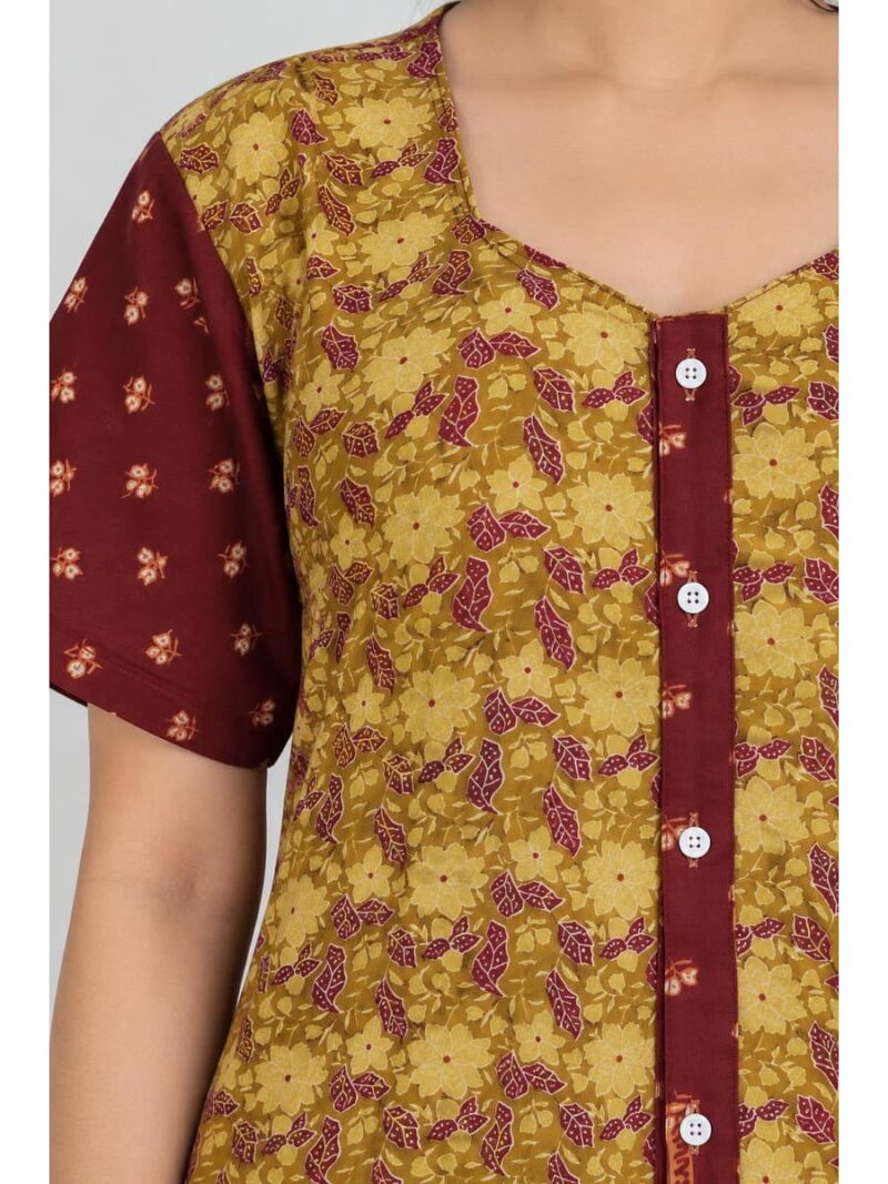 Women’s Cotton Front Open Plus Size Nighty – Yellow & Maroon