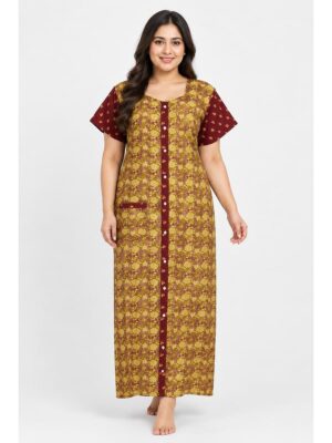 Women’s Cotton Front Open Plus Size Nighty – Yellow & Maroon