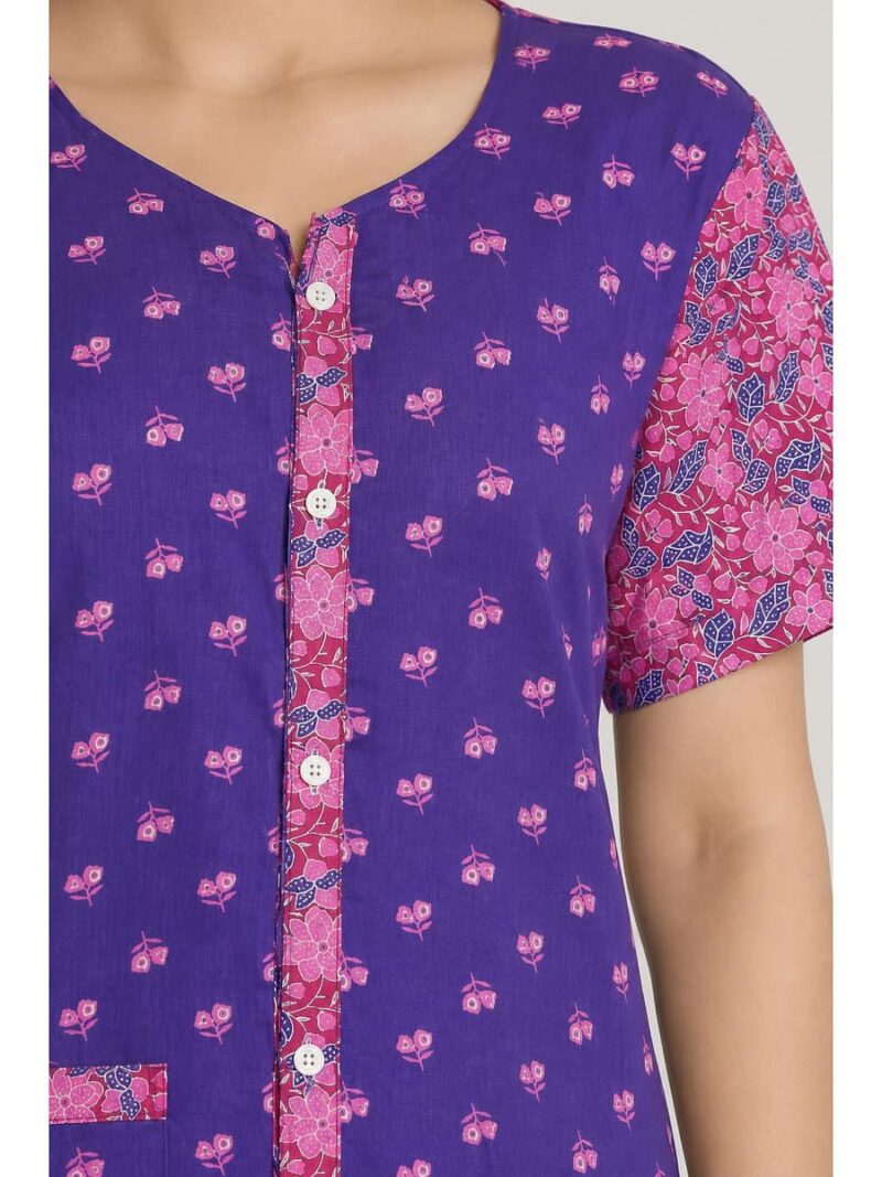 Women’s Cotton Front Open Plus Size Nighty – Violet & Pink