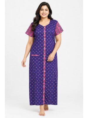 Women’s Cotton Front Open Plus Size Nighty – Violet & Pink