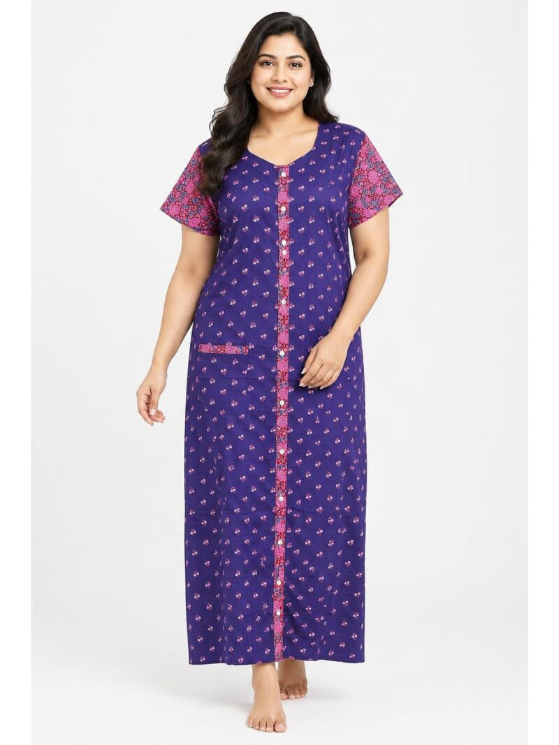 Women’s Cotton Front Open Plus Size Nighty – Violet & Pink