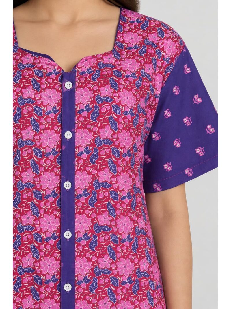 Women’s Cotton Front Open Plus Size Nighty – Pink &Violet