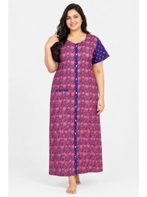 Women’s Cotton Front Open Plus Size Nighty – Pink &Violet