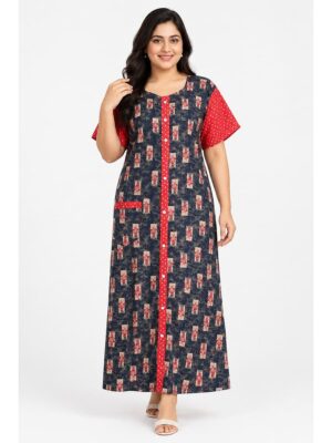 Women’s Cotton Front Open Plus Size Nighty – Navy Blue & Blush Pink