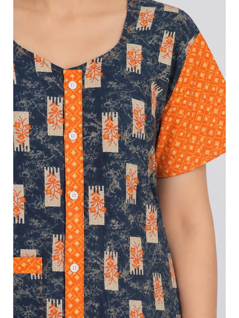 Women’s Cotton Front Open Plus Size Nighty – Navy Blue & Orange