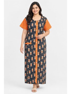Women’s Cotton Front Open Plus Size Nighty – Navy Blue & Orange