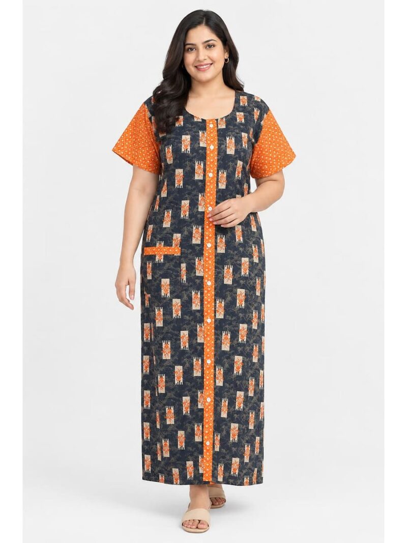 W-NY-540-15-NB-3XL_front Women’s Cotton Front Open Plus Size Nighty – Navy Blue & Orange