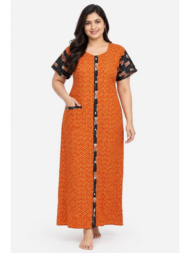 W-NY-540-16-OR-3XL_front Women’s Cotton Front Open Plus Size Nighty – Orange & Navy Blue