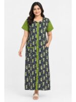 Women’s Cotton Front Open Plus Size Nighty – Navy Blue & Olive Green
