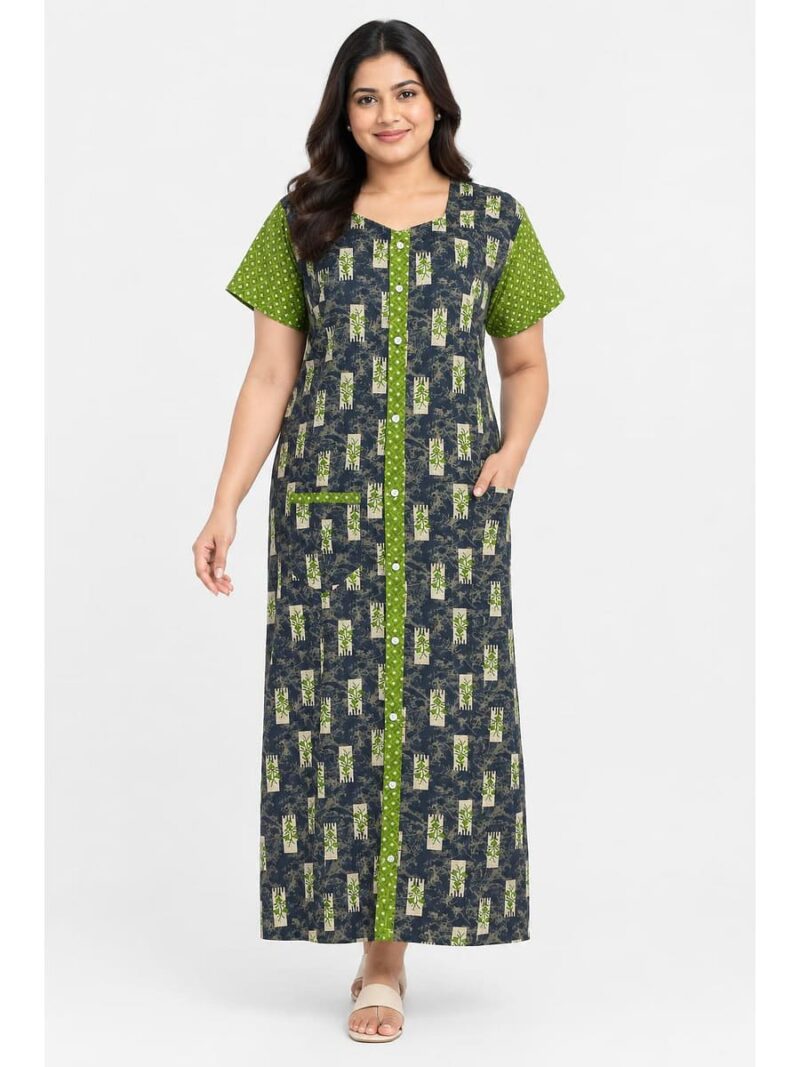 Women’s Cotton Front Open Plus Size Nighty – Navy Blue & Olive Green