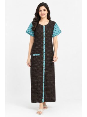 Women’s Front Full Open Cotton Nighty -Coffee & Blue