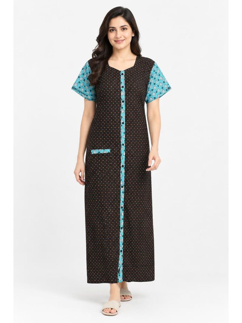W-NY-541-01-CF-XXL_front Women’s Front Full Open Cotton Nighty -Coffee & Blue
