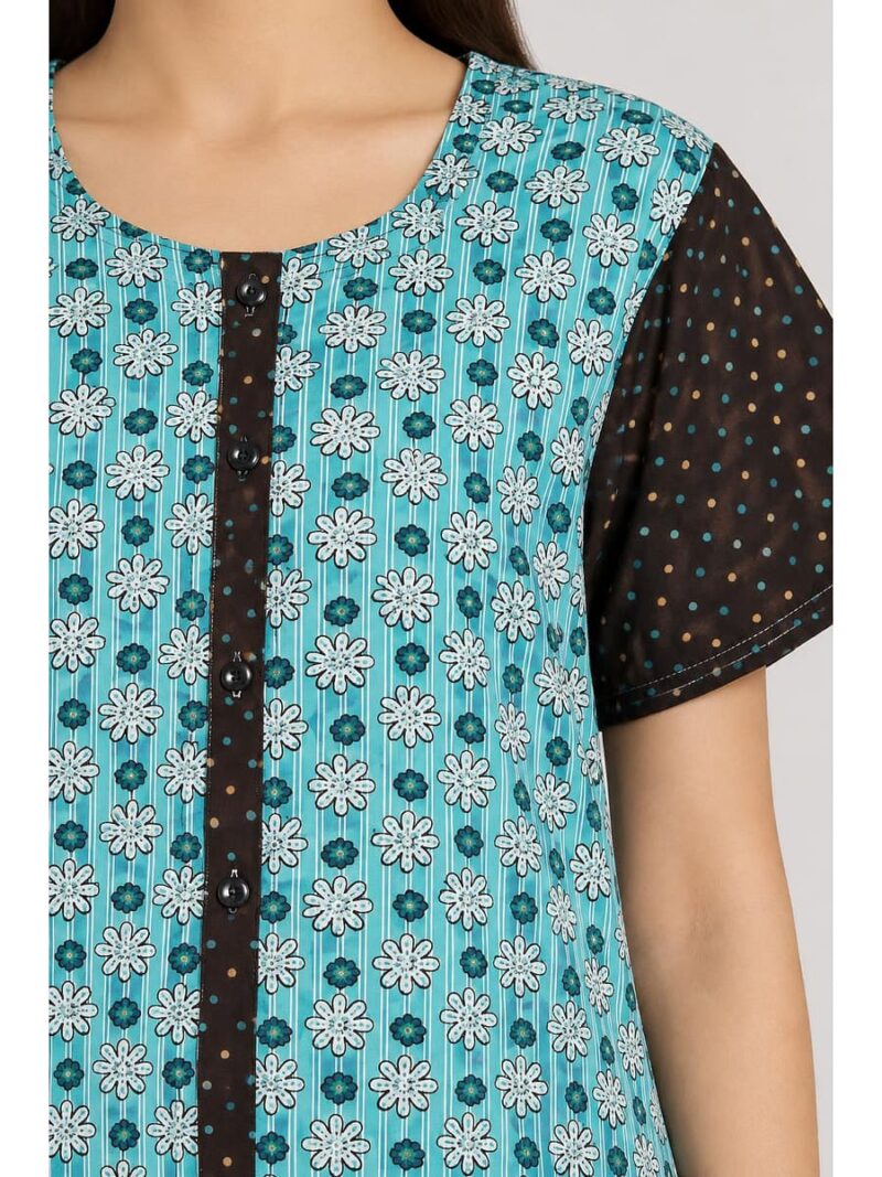Women’s Front Full Open Cotton Nighty - Turquoise & Black