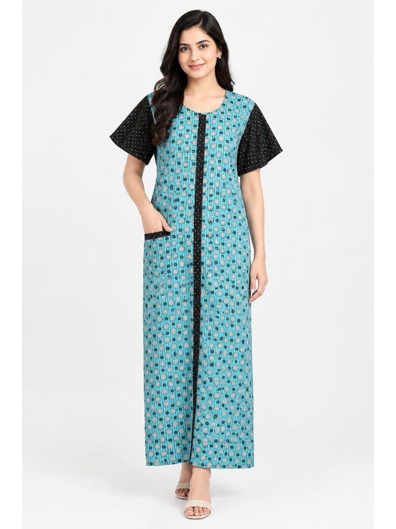 W-NY-541-02-TQ-XXL_front Women’s Front Full Open Cotton Nighty - Turquoise & Black